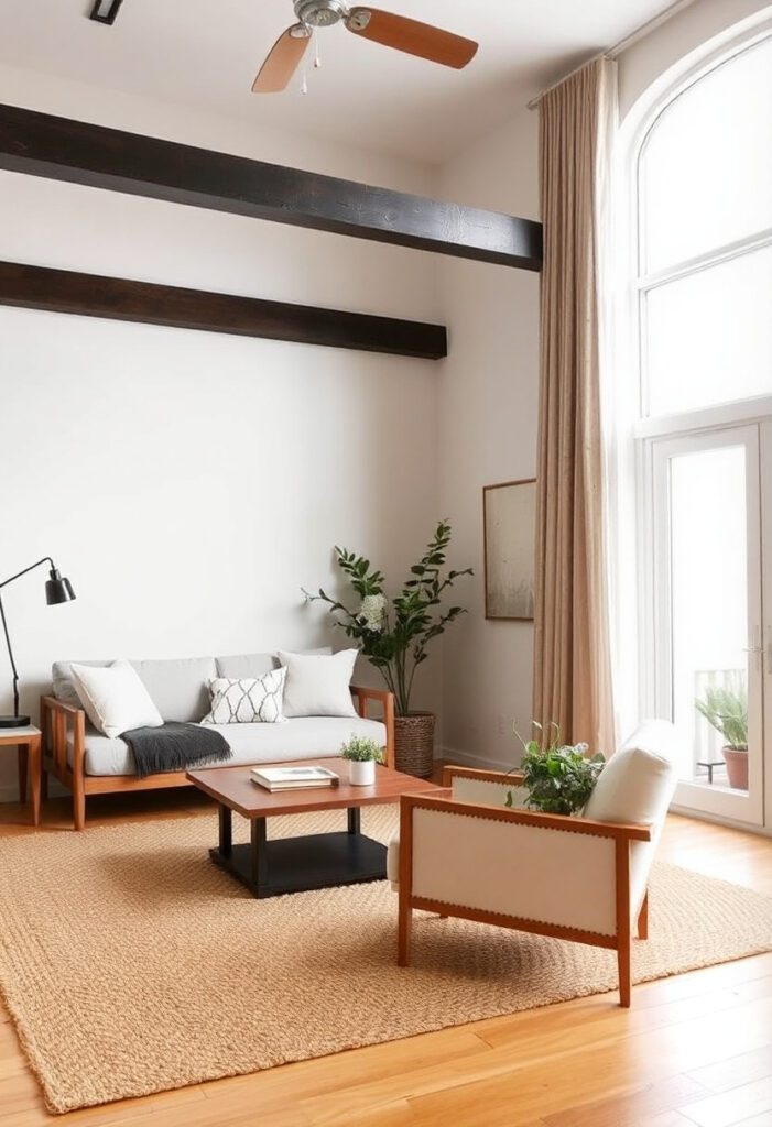 Layered jute and patterned rugs adding texture to a summer living room