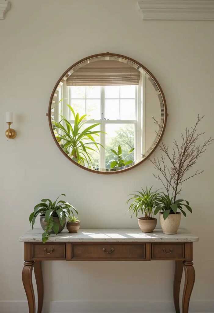 Decorative mirror reflecting sunlight to brighten a summer room