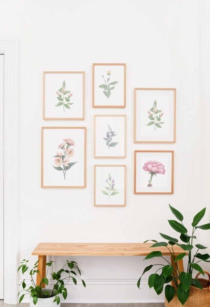 Botanical gallery wall featuring framed nature prints