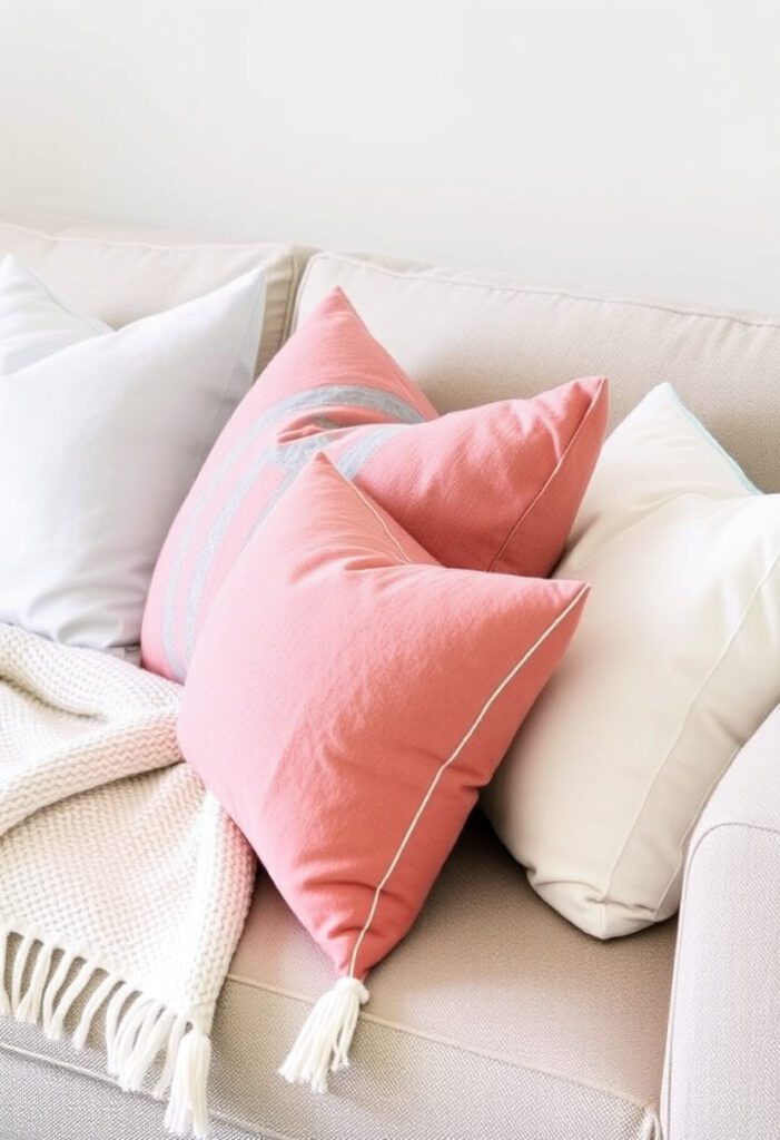 Light-colored summer throw pillows in soft textures