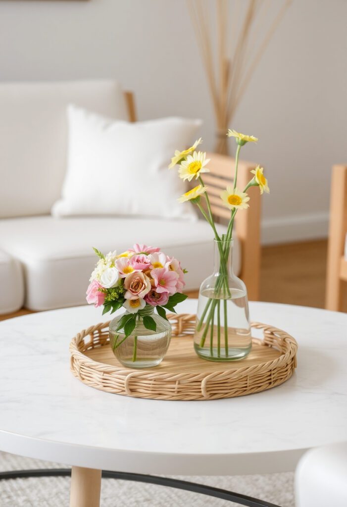 Light coffee table styling with summer books and flowers
