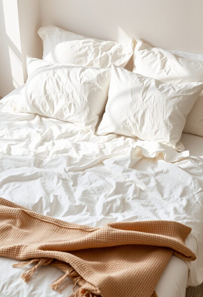 Breathable summer bedding with white linen and soft pastels
