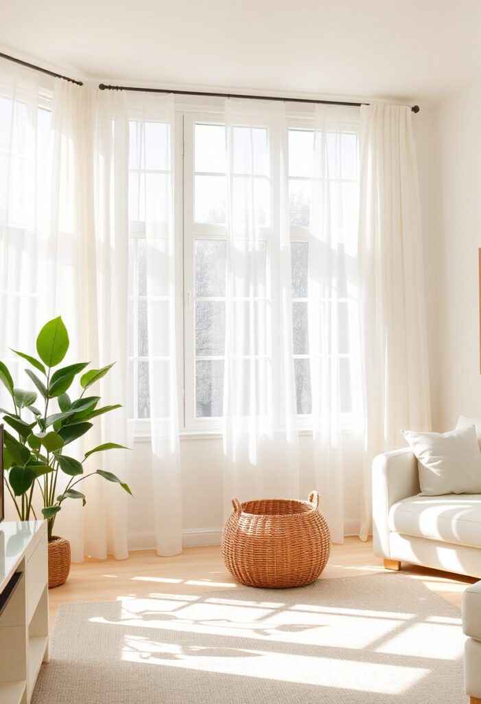White linen curtains filtering sunlight in a summer-ready living room