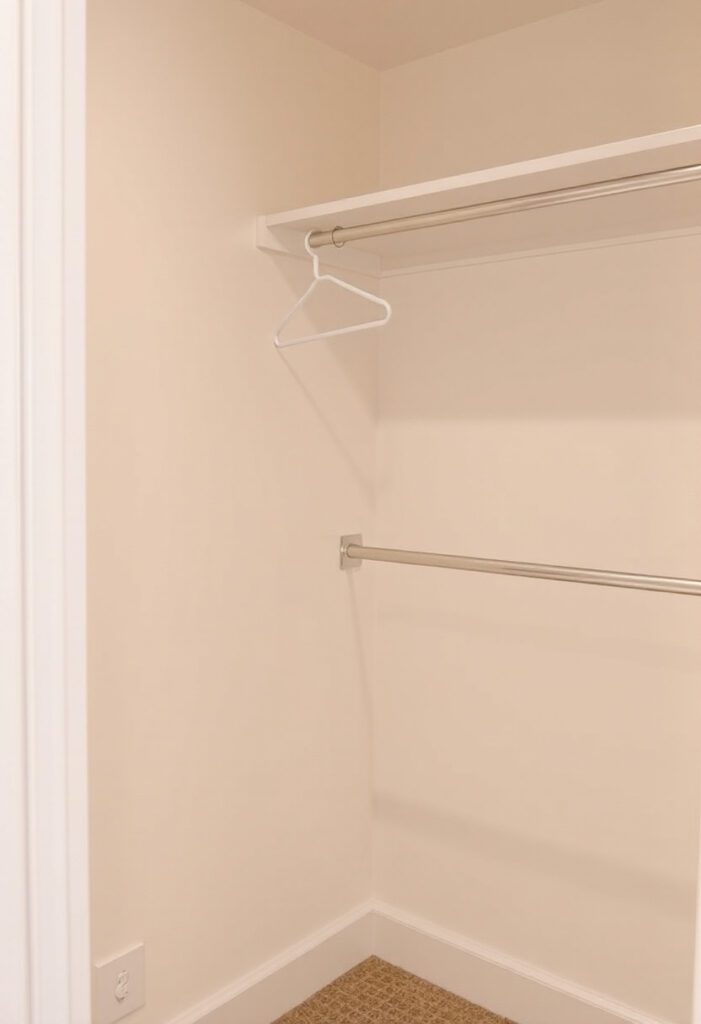 Closet with double hanging rods to maximize closet space in a small room