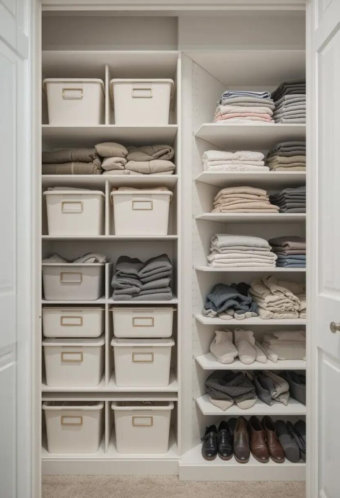 Before and after image of closet decluttering using storage bins and matching hangers for better organization