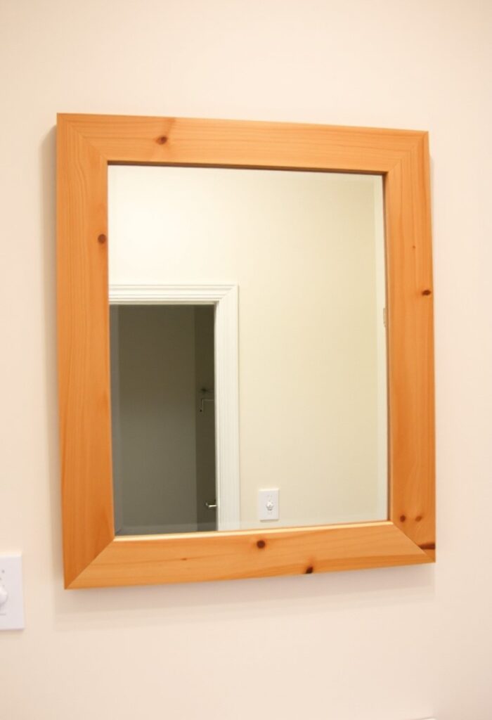 Basic mirror updated with a custom wooden frame above a bathroom vanity.