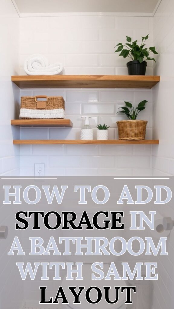 Floating shelves above toilet in a small bathroom used for added storage.