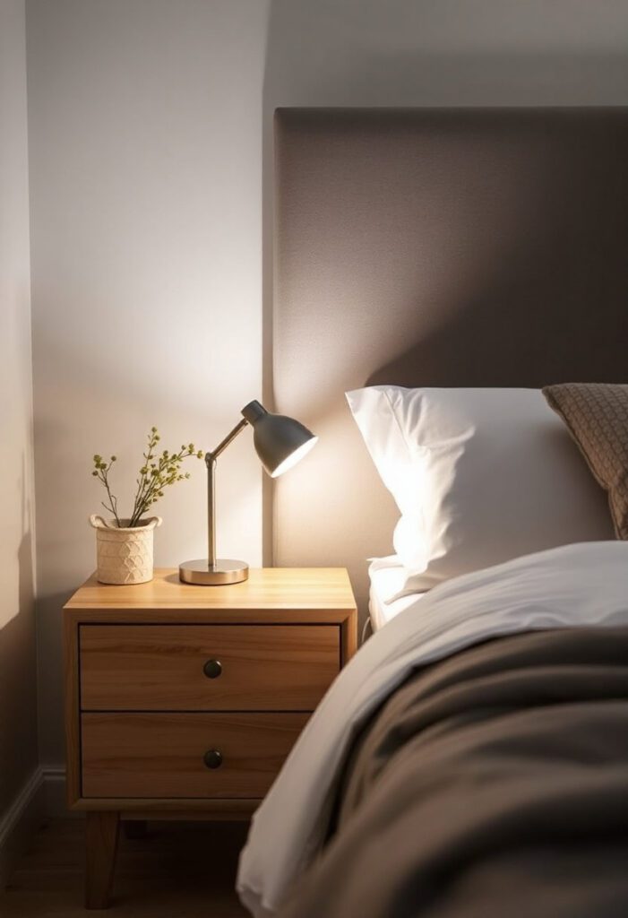 Serene nighttime bedroom with a clean nightstand featuring a lamp