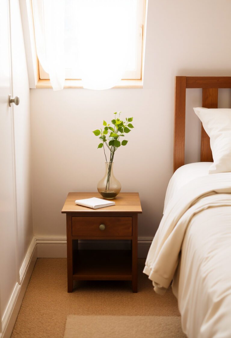 Minimalist wooden nightstand in a peaceful bedroom