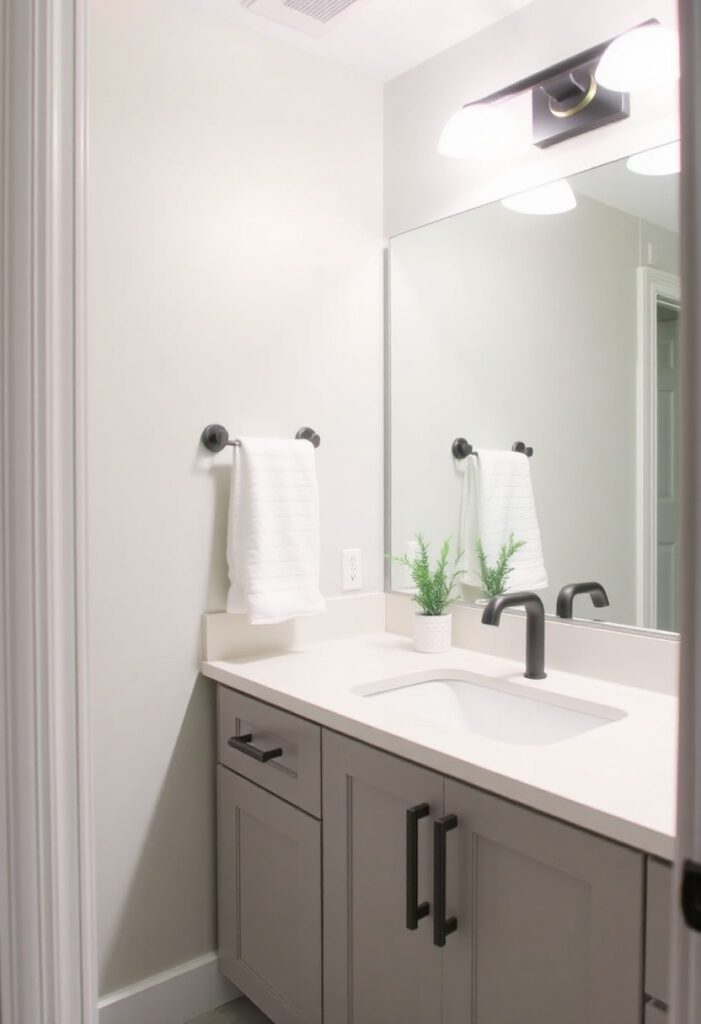 Freshly painted narrow bathroom with soft sage green accent wall and updated vanity, showing how simple paint changes can maximize narrow bathroom storage and style.
