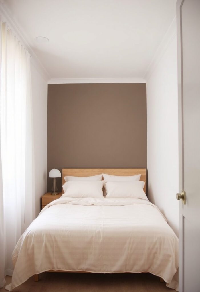 Narrow bedroom with light neutral walls and a darker accent wall to visually improve proportions