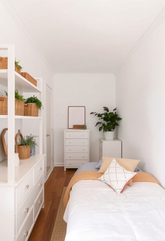 Narrow bedroom with vertical storage