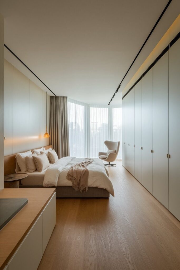 Long narrow bedroom with distinct zones for sleeping and sitting to break up linear space