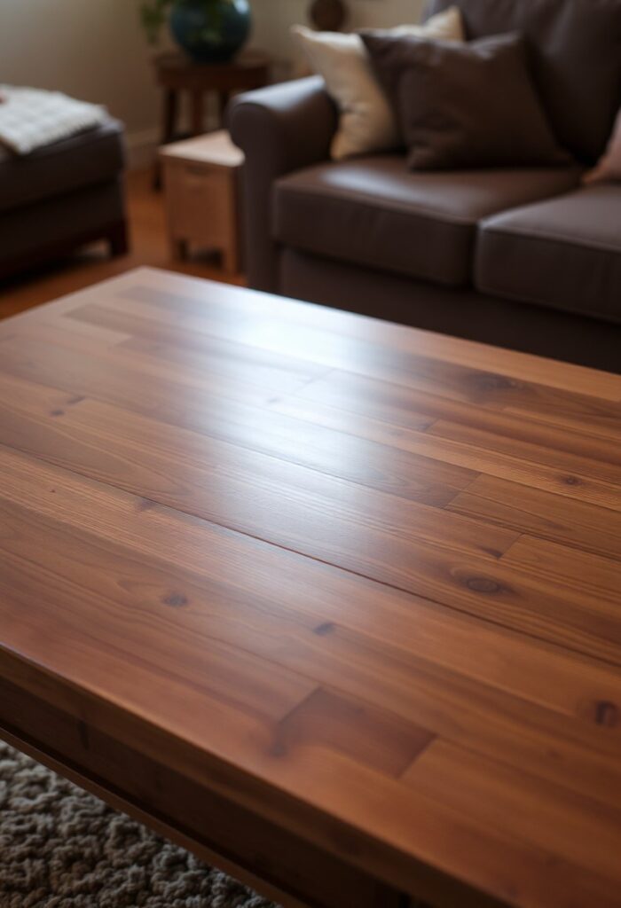 Repaired and polished wood coffee table after fixing scratches