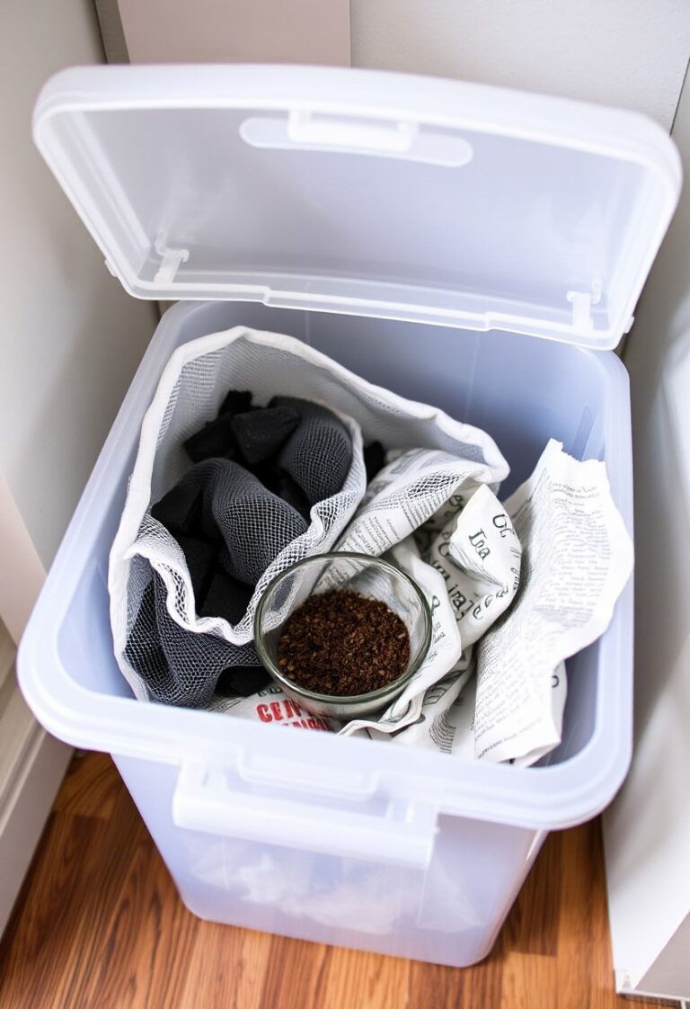 Natural odor absorbers like charcoal, coffee grounds, and newspaper placed inside a storage bin to eliminate musty smells.