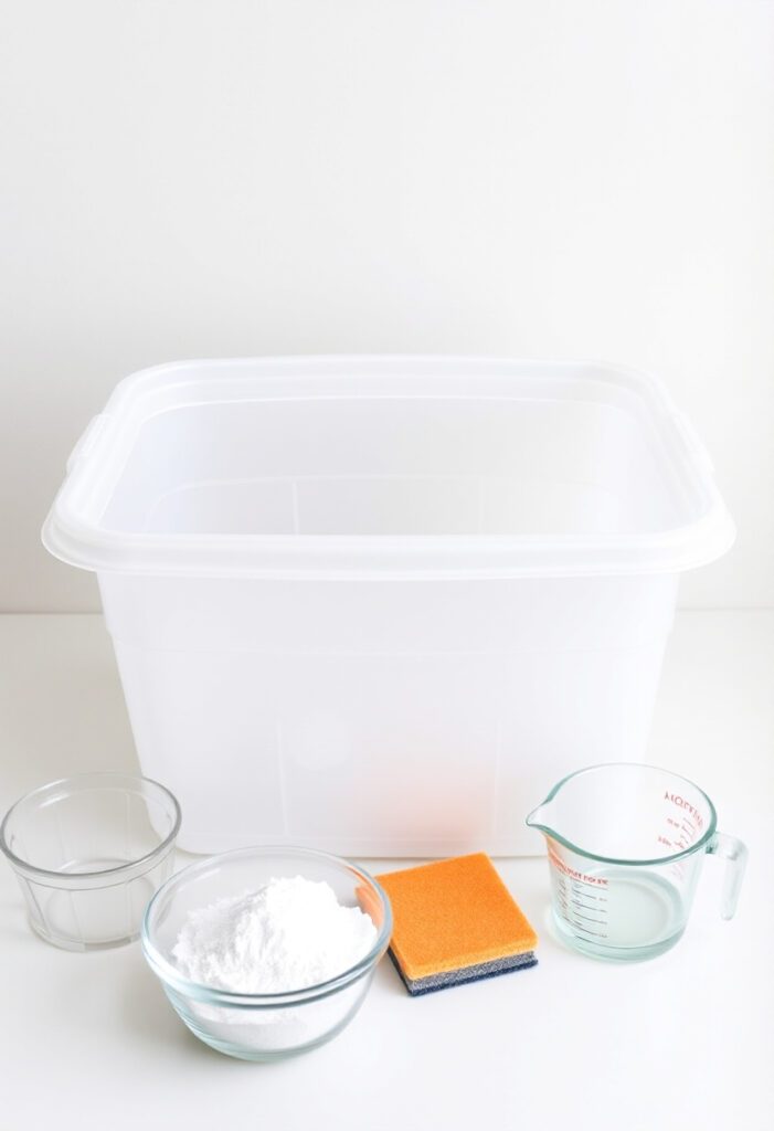 Cleaning a plastic storage bin using vinegar and baking soda to remove musty odors.