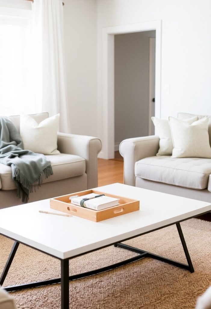 Tidy living room with a styled coffee table tray and folded throw blanket showing a simple declutter reset.