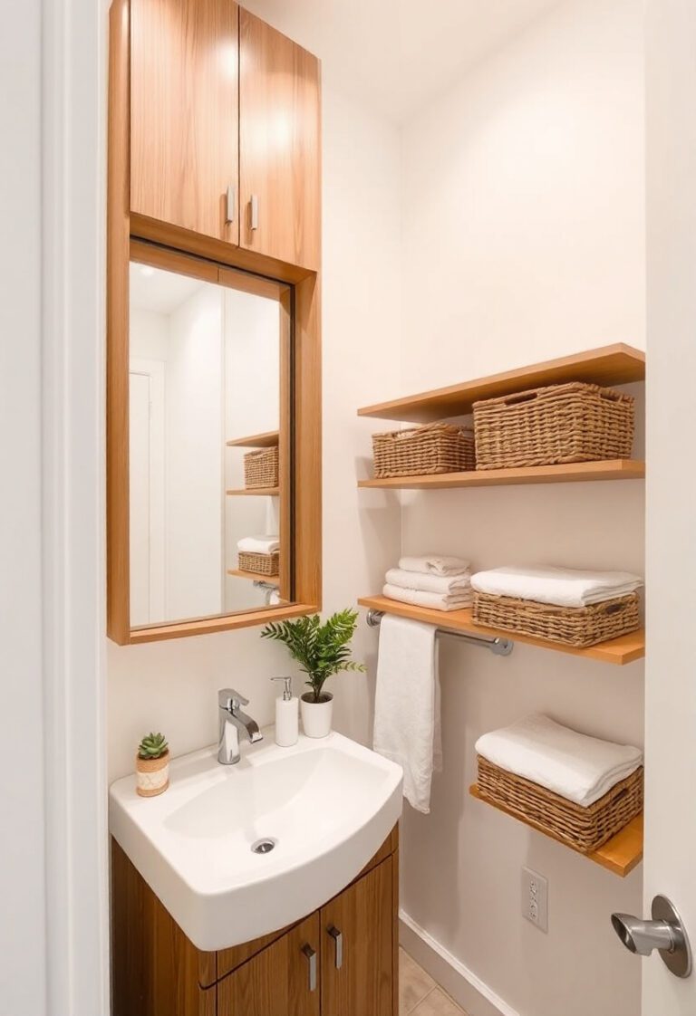 Modern narrow bathroom with vertical storage cabinets, slim shelves — a smart example of small bathroom storage ideas that save space without sacrificing style.