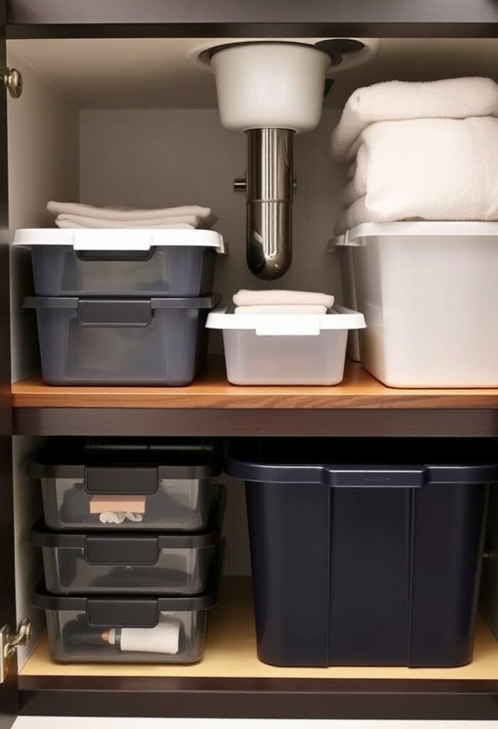 Organized under-sink bathroom cabinet using pull-out drawers and labeled bins.