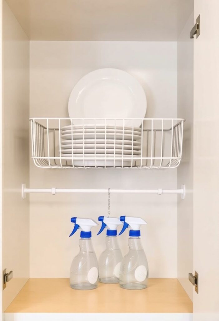 Under-shelf basket and tension rod used for storage inside a small apartment kitchen cabinet