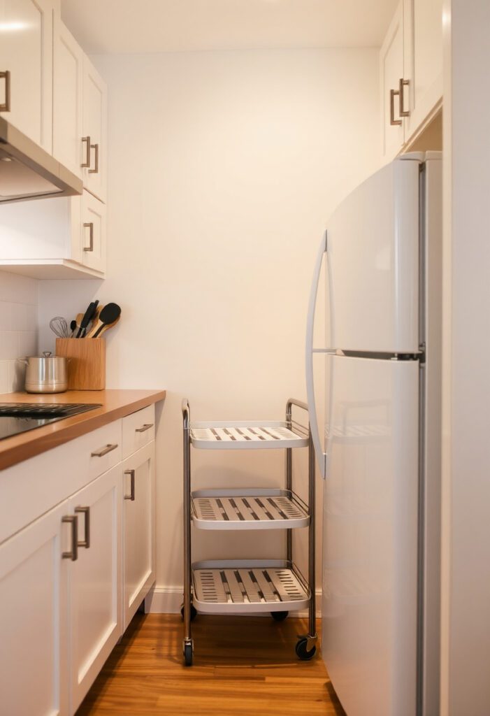 Slim rolling pantry cart beside refrigerator in a small apartment kitchen for extra storage