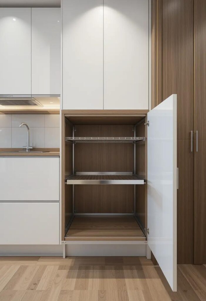 Sliding pull-out shelf in a kitchen cabinet