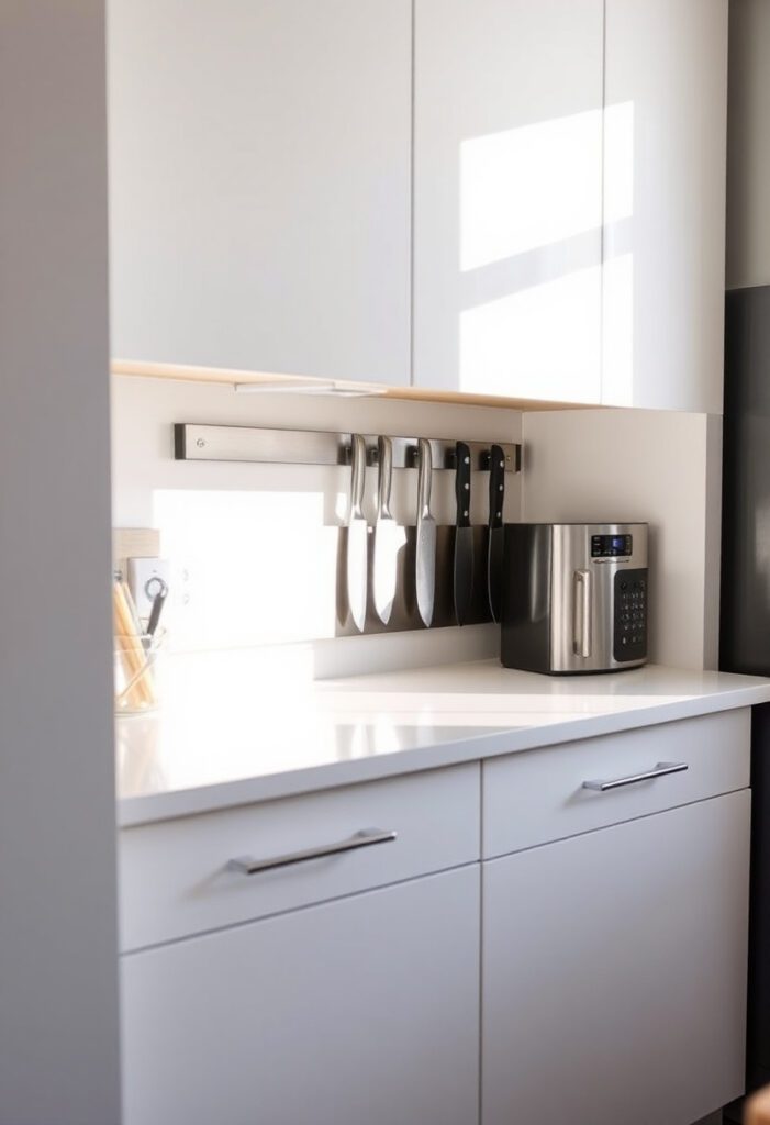 Magnetic knife strip mounted on a small apartment kitchen backsplash for vertical storage