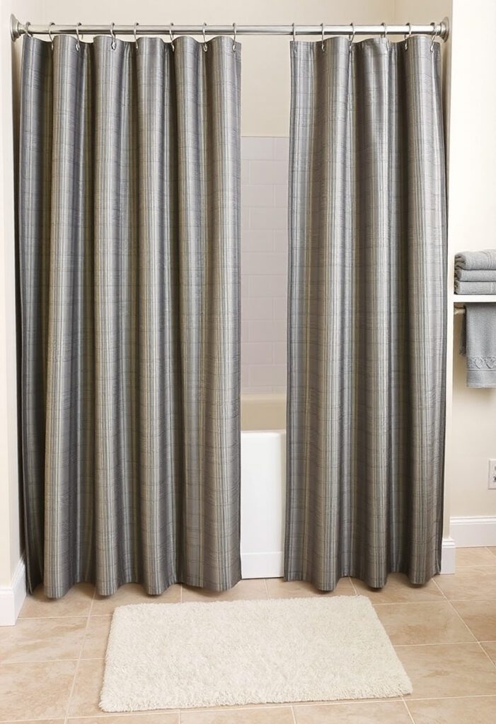 Bathroom makeover featuring new shower curtain, soft towels, and cozy bath mat