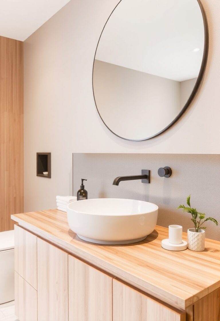 Vessel sink installed on a modern bathroom vanity as part of a contractor-free DIY remodel.