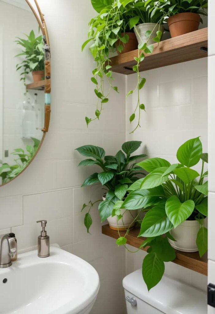 Houseplants like pothos and ZZ plants used to add natural beauty in a small bathroom remodel.