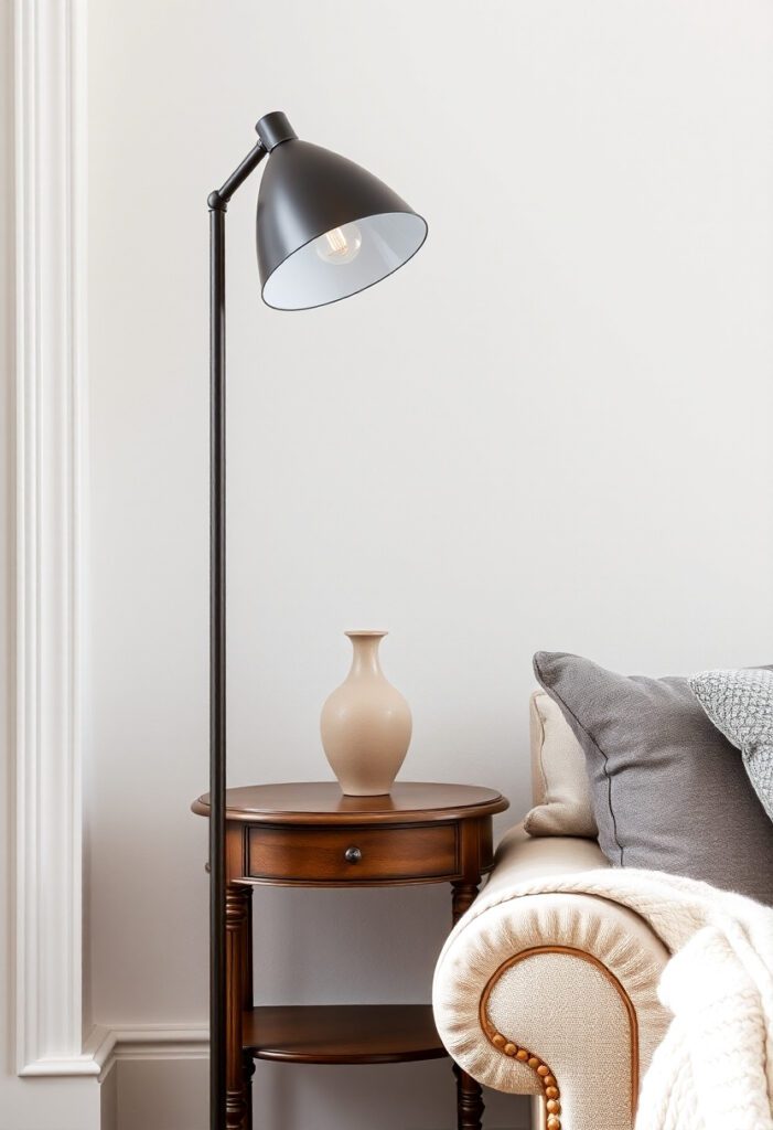 Close-up of a modern side table next to a floor lamp, showing how to blend old and new in your living room decor