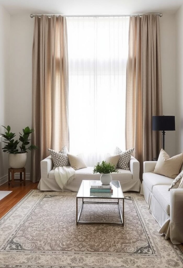 Layered textiles in a modern rental living room showing how to customize rental space with rugs, curtains, and slipcovers.