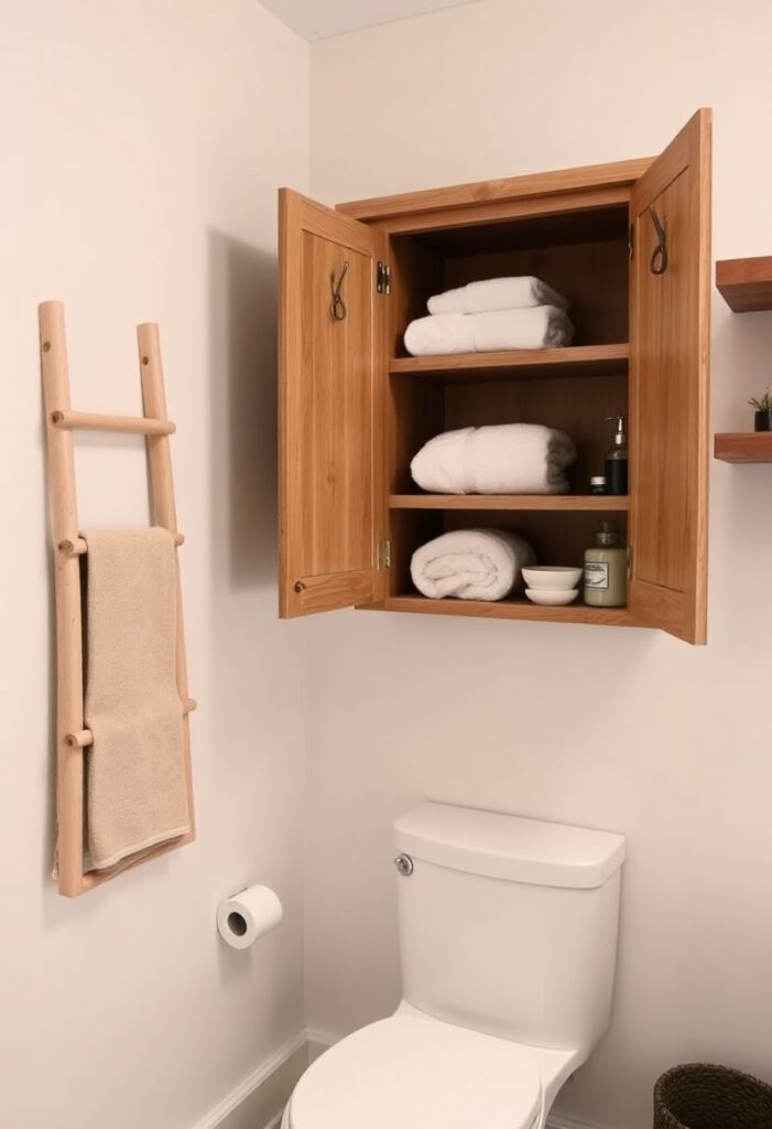 Over-the-toilet cabinet and ladder shelf with hidden bathroom storage.