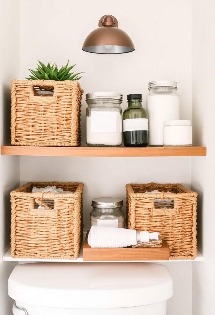 Bathroom shelf with decorative storage containers hiding clutter.
