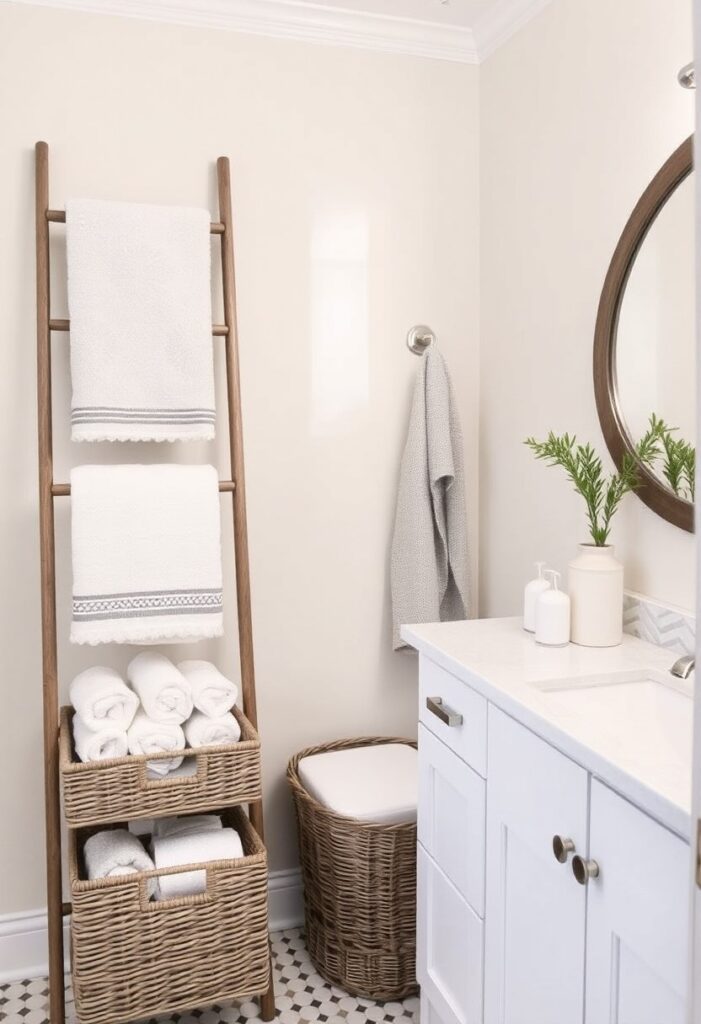 Small bathroom with towel ladder and hidden towel storage baskets.