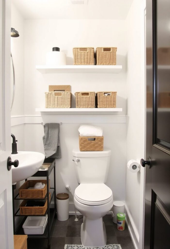 Small bathroom with no cabinets using open storage and baskets to hide clutter.