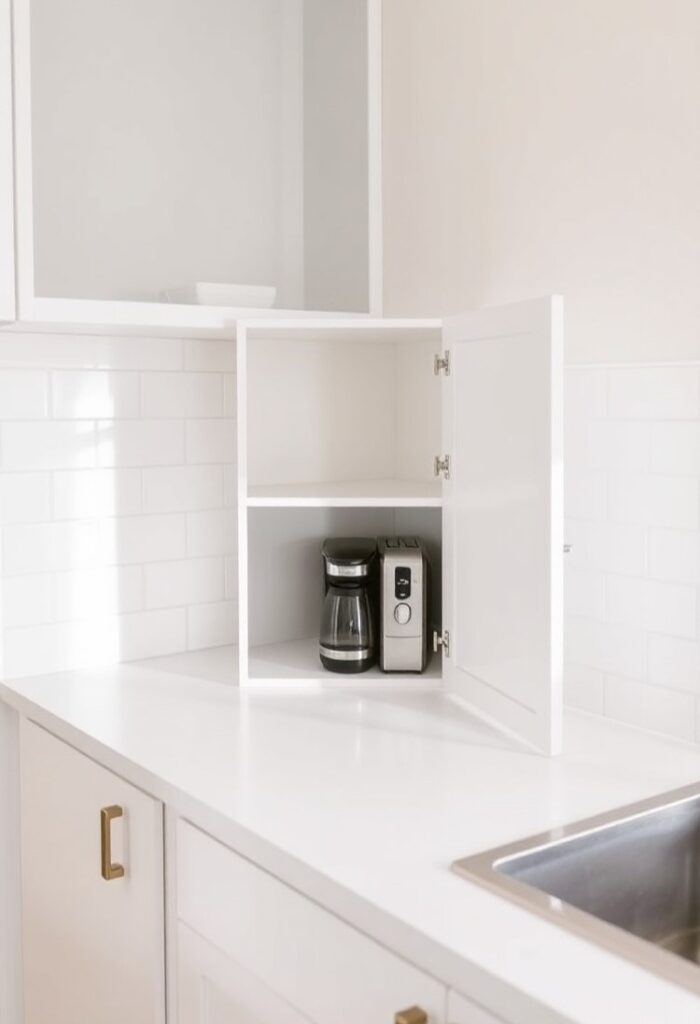 White kitchen cabinet open to show hidden coffee maker and toaster on a clean counter