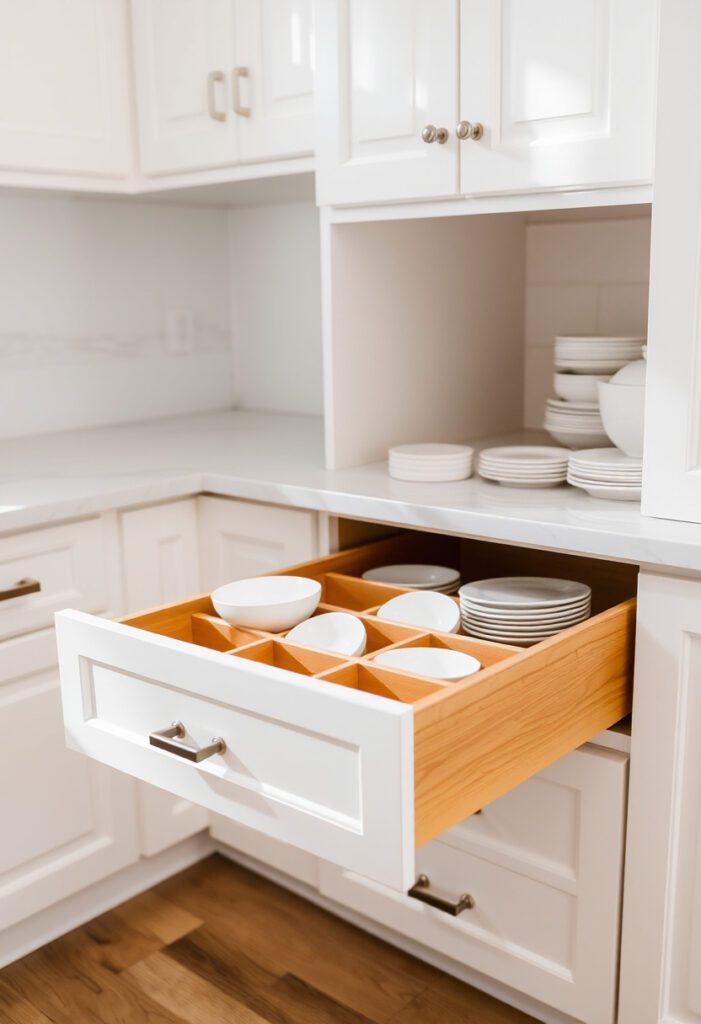 Organized kitchen drawer with plates and bowls in a modern white kitchen