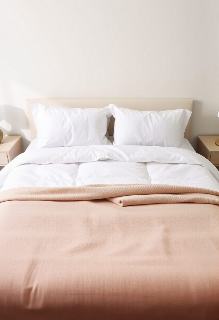 Minimalist bed styling with folded duvet, layered pillows, and throw blanket for a clean and finished look