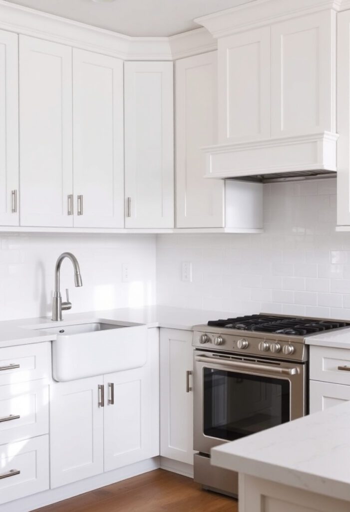 A clean, modern kitchen with white cabinets that looks beautiful but has awkward layout flow between the sink and stove.