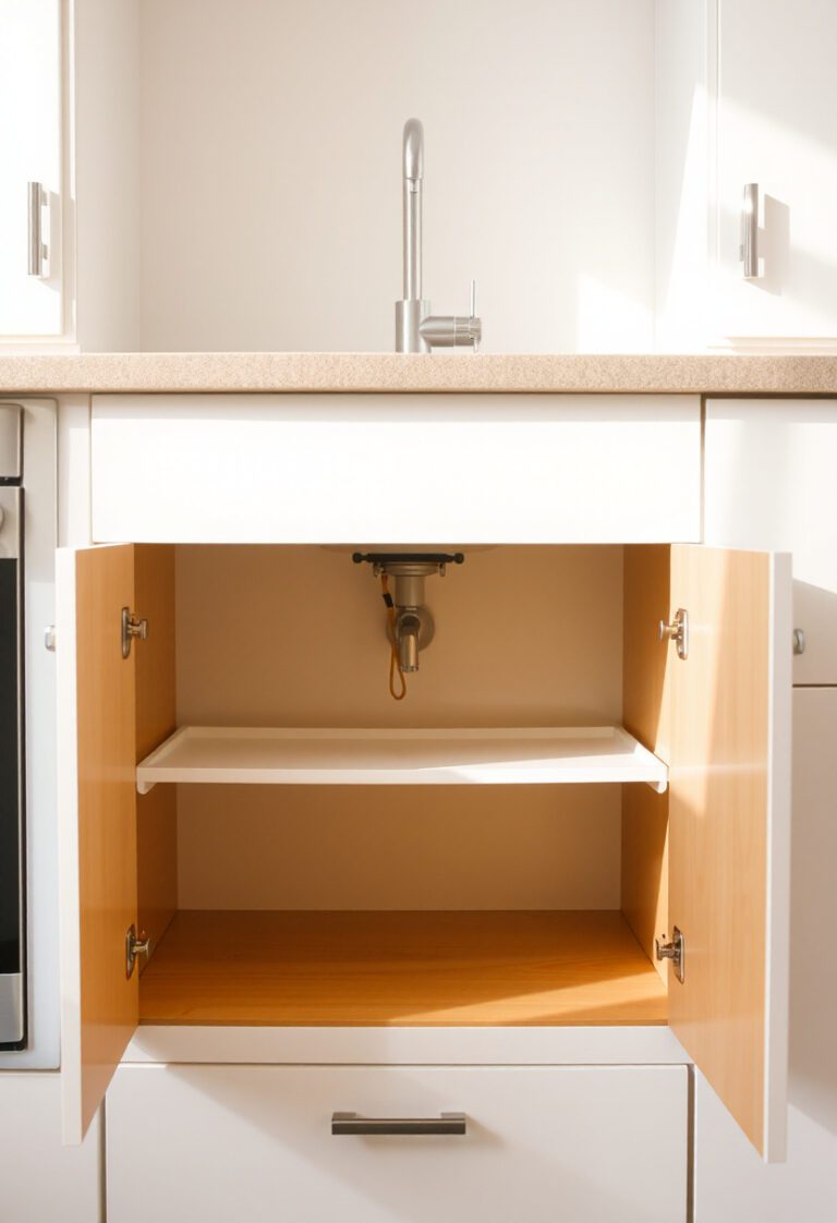 Kitchen sink cabinet with shelf riser and tension rod for simple under-sink storage