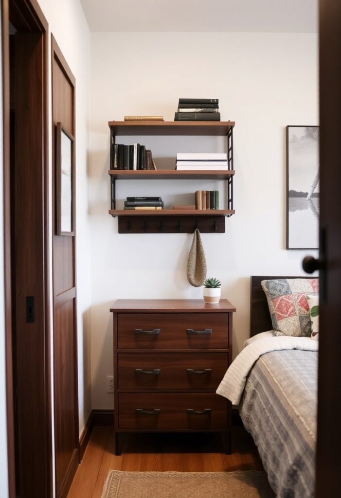 narrow bedroom with a wall-mounted shelves