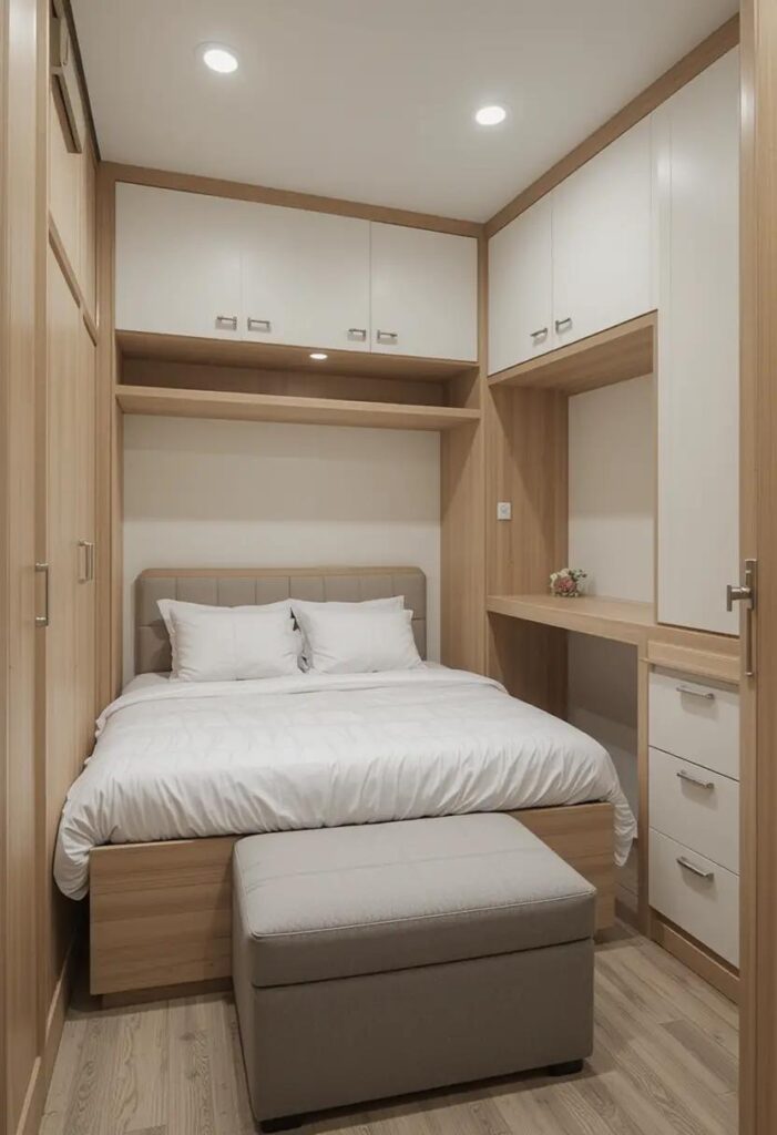 narrom bedroom with multi functional furniture