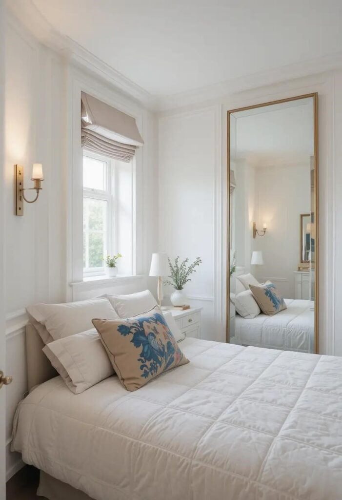 Light-colored narrow bedroom with layered lighting and mirror reflecting window light to open the space.
