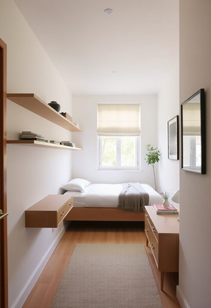 narrow bedroom with a bed along the long wall