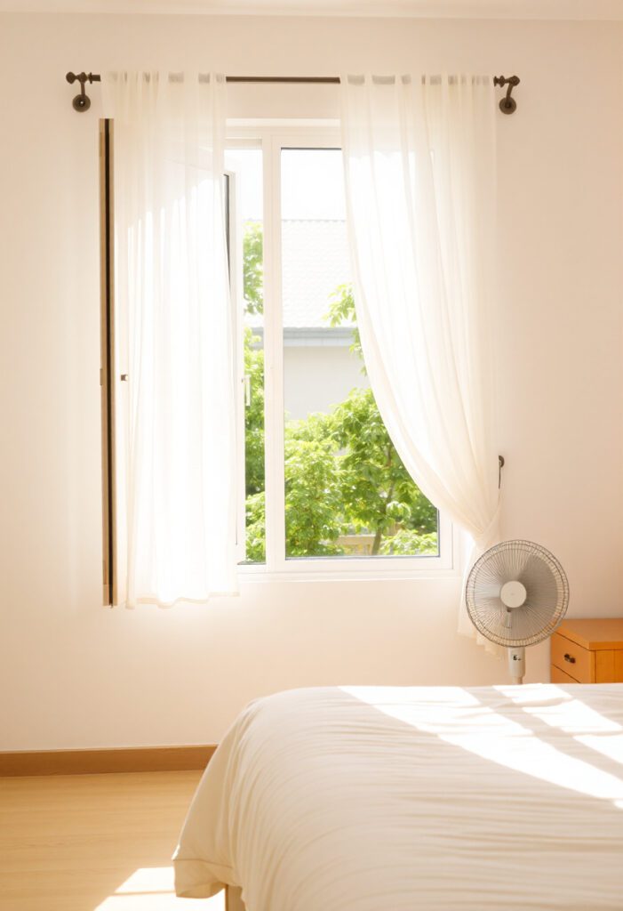 Airy bedroom with open window and fan to remove musty smell naturally