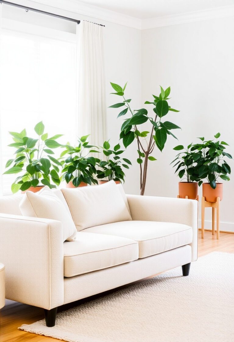 Airy plant display behind sofa