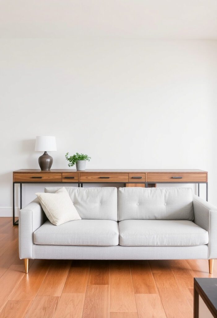 sofa with console table behind for functional living room layout