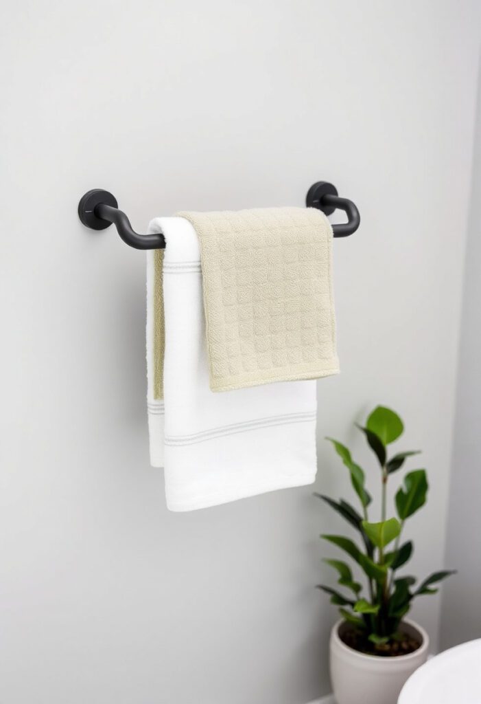 Matte black towel bar with layered sage and white towels and a small potted plant beside it