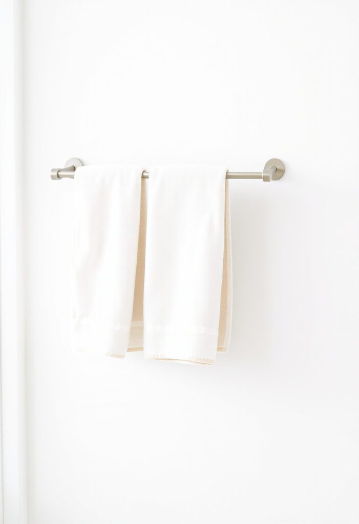 towel rack with white and beige towels folded neatly on a white bathroom wall”